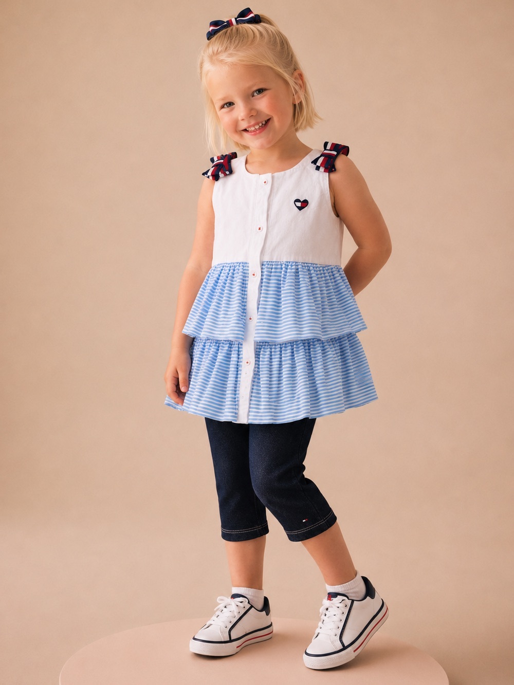 Tommy Hilfiger Outfit Size 6 Blue White Ruffle Tunic Denim Leggings kids bundle